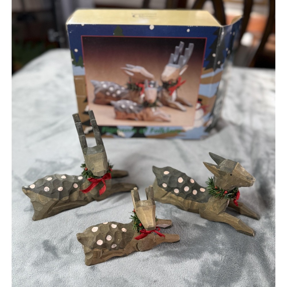 Vintage International Christmas Wooden Reindeer‎ 3pc Set Figments Of Folklore